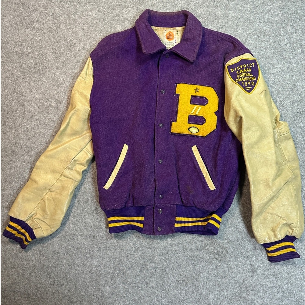Del Norte 1970 Football Champions Varsity Jacket 44 Purple Leather Sleeves